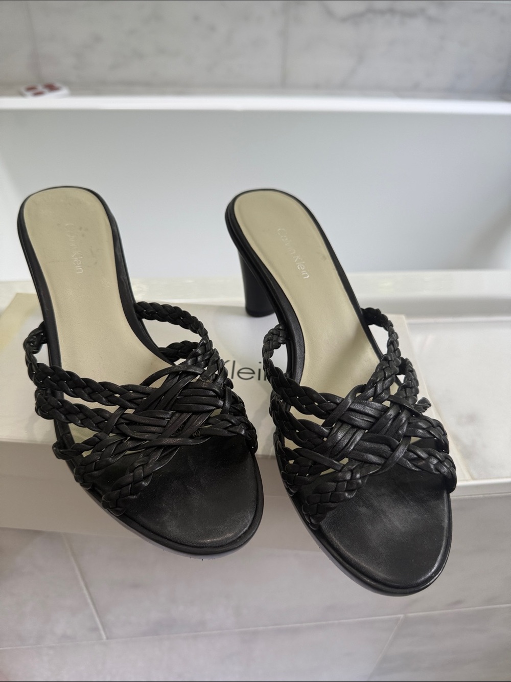 Calvin Klein Black Braided Leather Mule Heels 8 1/2 nib